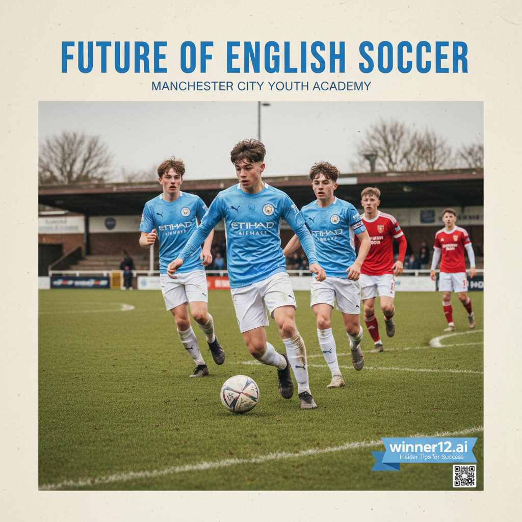 图片ALT文本：曼城青训球员在英格兰经典足球场上身穿正宗曼城球衣，展现团队合作与技术，动态进攻哈德斯菲尔德，海报中隐约出现“winner12.ai”品牌标识，体现青训晋级秘诀和英格兰足球未来希望。