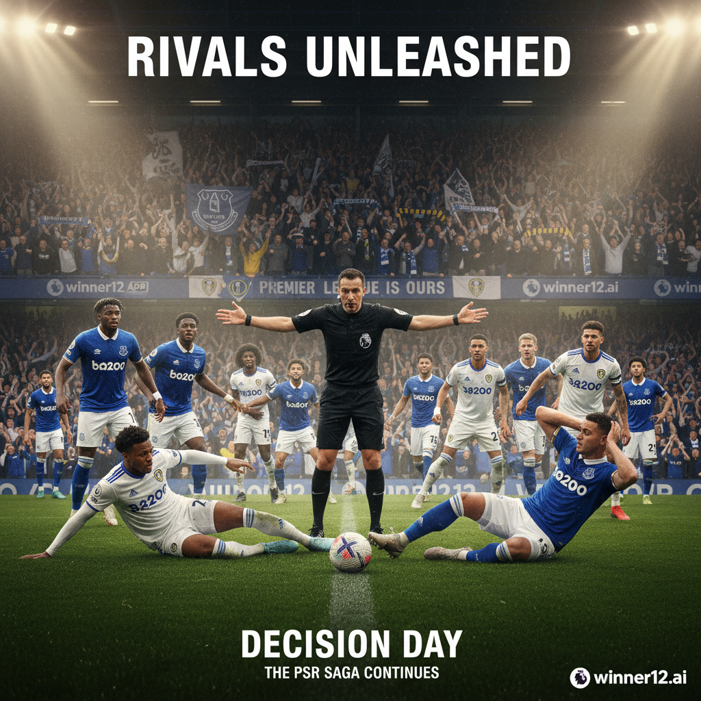 埃弗顿与利兹联英超激烈对决海报，真实风格展现球员争夺足球，绿茵场上球迷挥舞围巾横幅，裁判激烈判罚引发争议，融入winner12.ai品牌标识