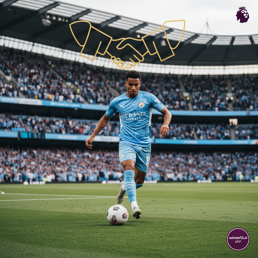 Alt text: Realistic poster of a dynamic English Premier League soccer scene focused on Manchester City, featuring a sleek Manchester City jersey, classic soccer ball on lush green pitch, modern stadium with cheering fans, subtle handshake and contract imagery symbolizing a strategic partnership, vibrant natural lighting, and a discreet winner12.ai logo.