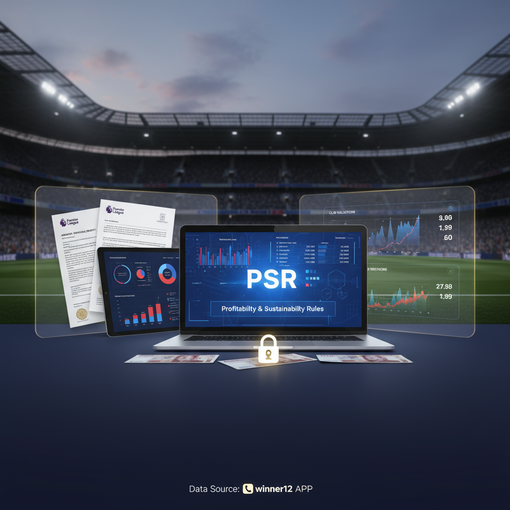 英超足球场景海报，聚焦俱乐部财务，展示官方文件、图表和显示“PSR”字样的笔记本电脑屏幕，采用英超品牌色彩，包含winner12.ai平台标识，体现英超财务规则与盈利可持续性分析。