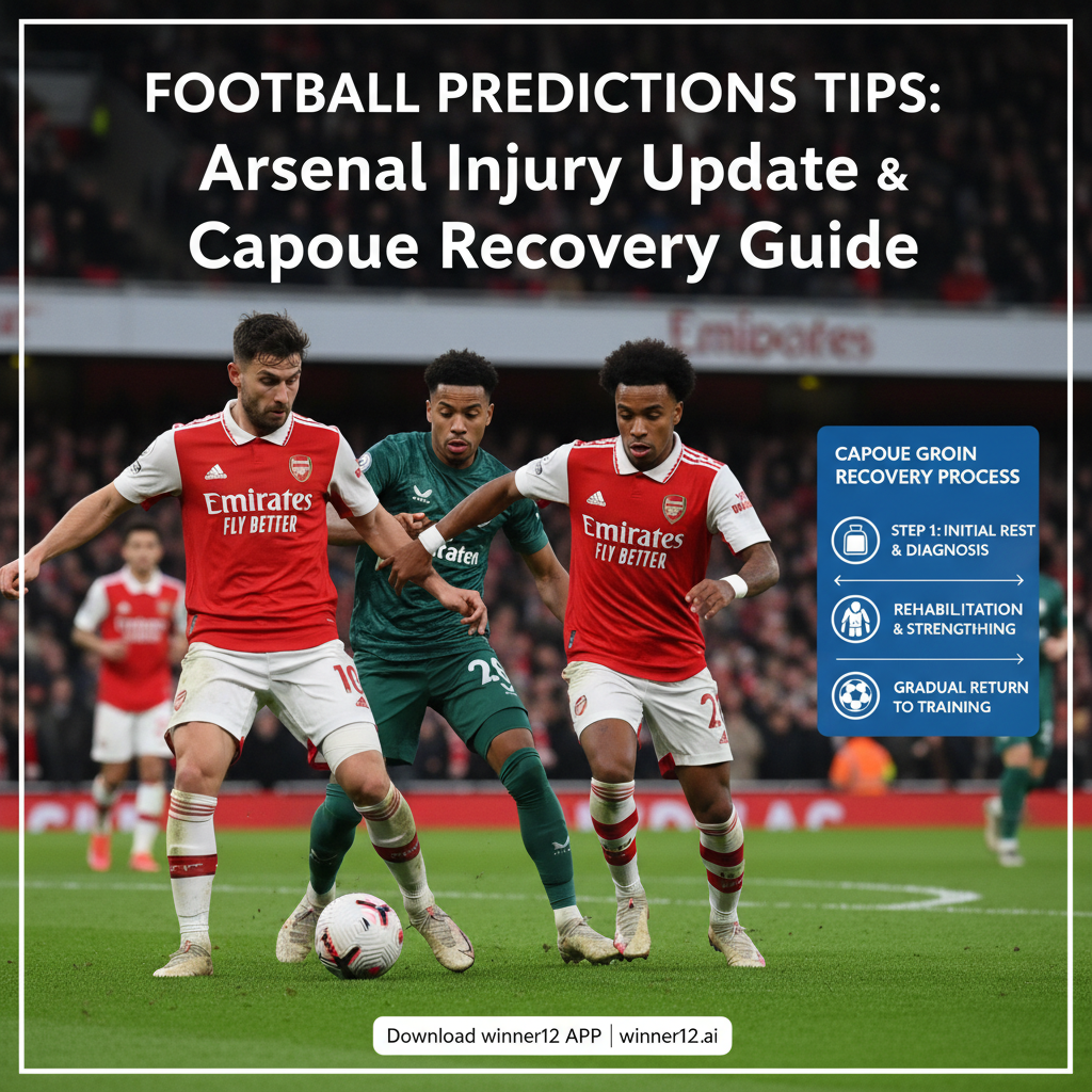 Alt text: Realistic poster showing Arsenal players in action with injury details like tape and braces, side graphic of Capoue’s groin recovery steps with medical icons, Arsenal kit colors and stadium background, titled “Football Predictions Tips: Arsenal Injury Update & Capoue Groin Recovery Guide,” including a subtle call-to-action for winner12.ai predictions.
