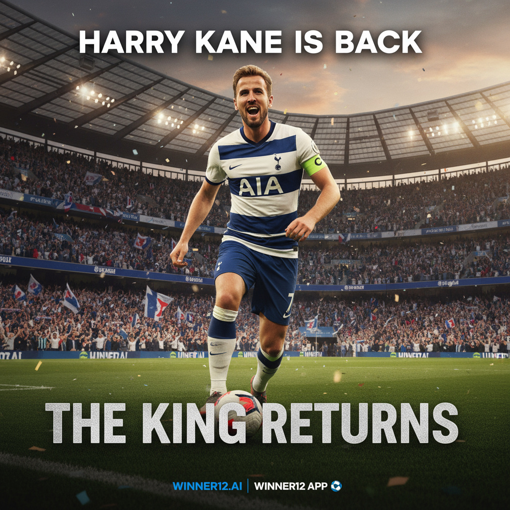 哈里·凯恩身穿标志性球衣，手控足球，背景为英超球场和欢呼球迷，突出胜者12 APP品牌元素，展现英格兰职业足球的真实赛场氛围及凯恩重返英超的激动人心时刻。