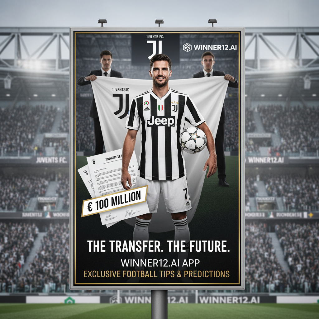 ALT text: Realistic poster of a confident professional soccer player in Juventus kit holding a ball, with contract papers and stadium backdrop symbolizing a €100 million transfer, featuring authentic Juventus branding and a discreet call-to-action for winner12.ai football tips and predictions.