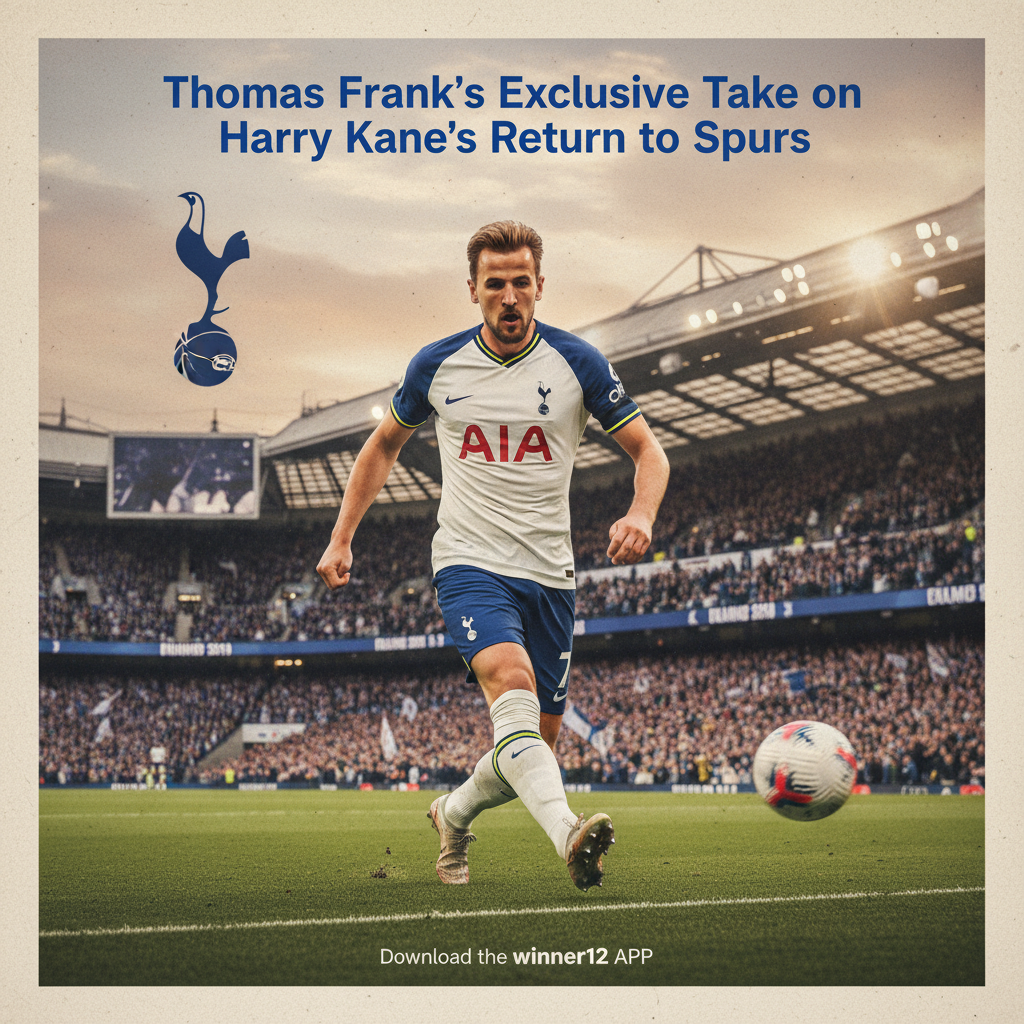 Alt text: Realistic poster of Harry Kane in Tottenham Hotspur kit with vibrant English football stadium crowd, featuring a soccer ball, Spurs logo, and text “Thomas Frank’s Exclusive Take on Harry Kane’s Return to Spurs,” including a subtle winner12.ai call-to-action.