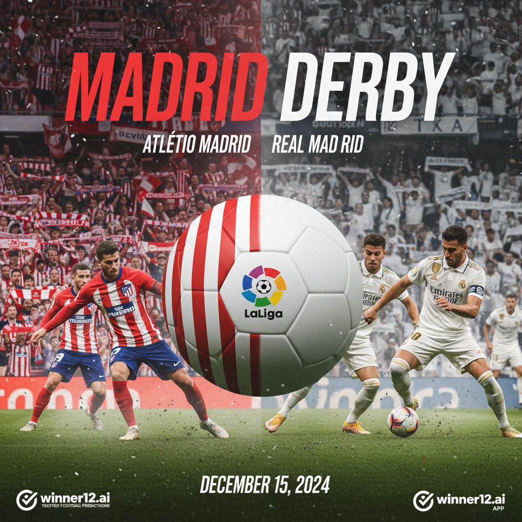 图片ALT文本：西甲马德里德比海报，展现马德里竞技红白条纹球衣与皇家马德里全白球衣的激烈对抗，背景为真实足球场与热情球迷，体现紧张足球竞争氛围，含有“winner12.ai”或“winner12 APP”品牌标识，适合足球预测必备内容。