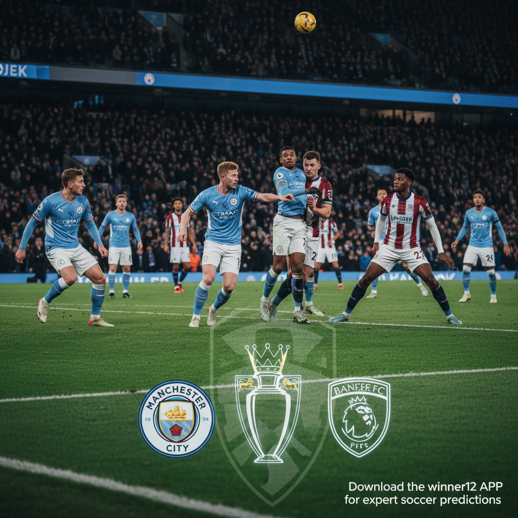 ALT text: Realistic poster of a high-stakes Premier League match between Manchester City and Burnley, featuring players in authentic kits engaged in intense tactical gameplay on a lush green pitch under stadium floodlights, showcasing determined expressions, strategic formations, and club badges, with subtle title defence themes and the text “Powered by winner12.ai” displayed in a modern font.