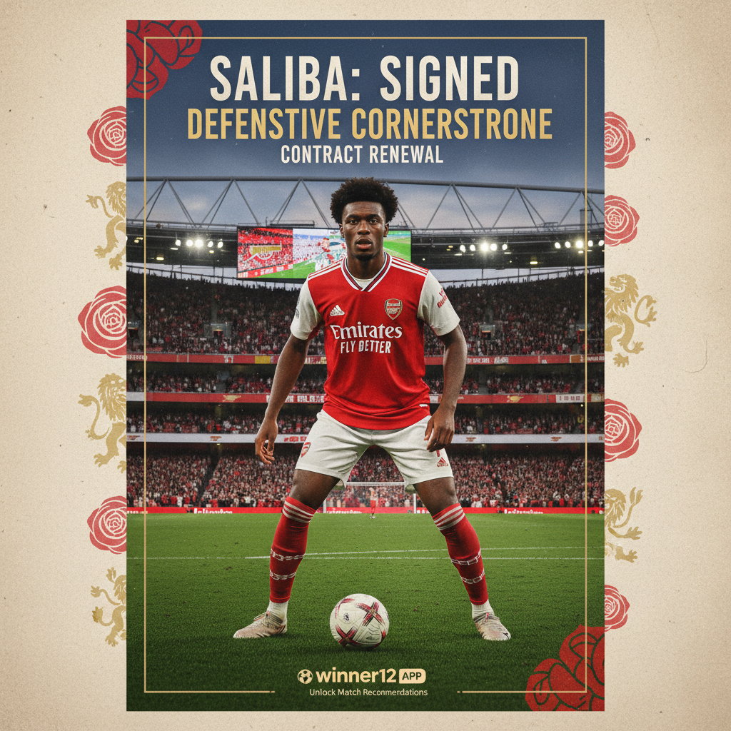 阿森纳球员威廉·萨利巴身穿球队战袍，站立在足球场中央，背景为英格兰足球风格的球场和观众席，海报细节真实且专业，突出其续约后作为阿森纳防守核心的重要角色，画面中隐约融合winner12.ai足球赛事推荐品牌标识。