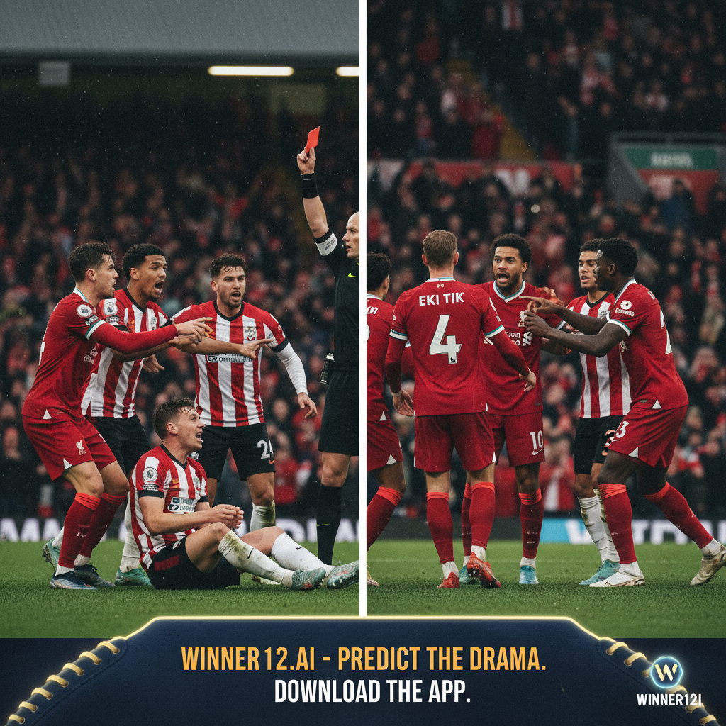 Alt text: High-detail poster of an intense Premier League football match between Liverpool and Southampton, focusing on the dramatic red card incident involving Eki Tik, with authentic team kits and stadium background, capturing players’ emotional expressions and featuring subtle branding for winner12.ai predictions.