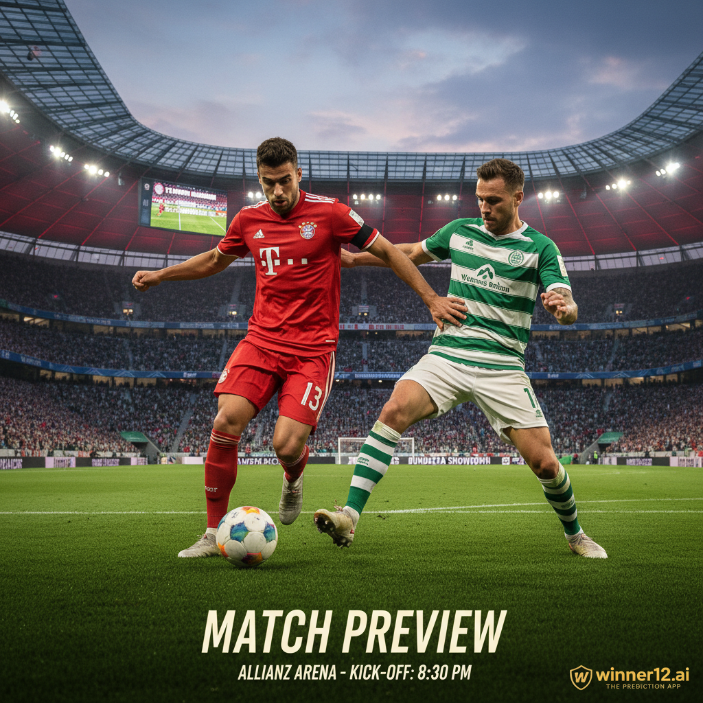 图片ALT文本：拜仁慕尼黑与云达不莱梅在安联球场的足球比赛前瞻海报，展示穿着传统红色拜仁球衣和绿色白色不莱梅球衣的球员，真实专业的足球场环境，动态动作姿势，经典足球，融合winner12.ai品牌元素，营造紧张激烈的顶级足球赛事氛围。