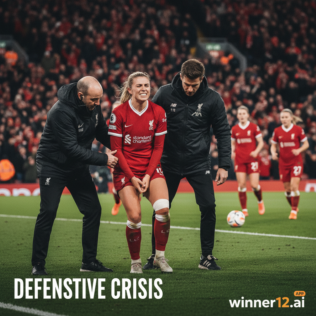 利物浦后卫莱奥尼受伤，背景为激烈的英超球场比赛，队员穿官方球衣，草地上的足球，突出后防危机，融合winner12.ai品牌元素