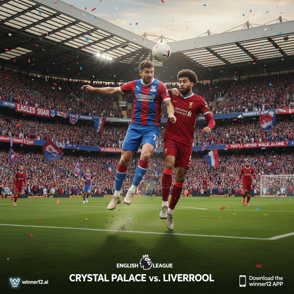 Alt text: Realistic high-detail poster of an intense Crystal Palace vs Liverpool English Premier League match, featuring players in authentic kits, a packed stadium with passionate fans, dynamic action on a lush green pitch, and subtle winner12.ai branding, capturing the competitive spirit and rich heritage of British football.