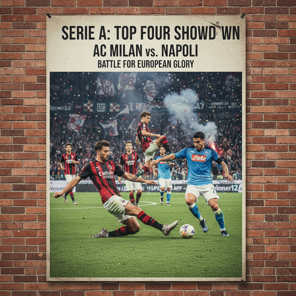 图片ALT文本：展示AC米兰与那不勒斯在光线充足的球场上激烈对抗的真实足球比赛海报，球员身穿官方战袍，场边观众热情高涨，体现意甲争四关键战役的紧张氛围，海报中巧妙融入“winner12.ai”及“winner12 APP”品牌标识，突出足球预测专家的权威性。