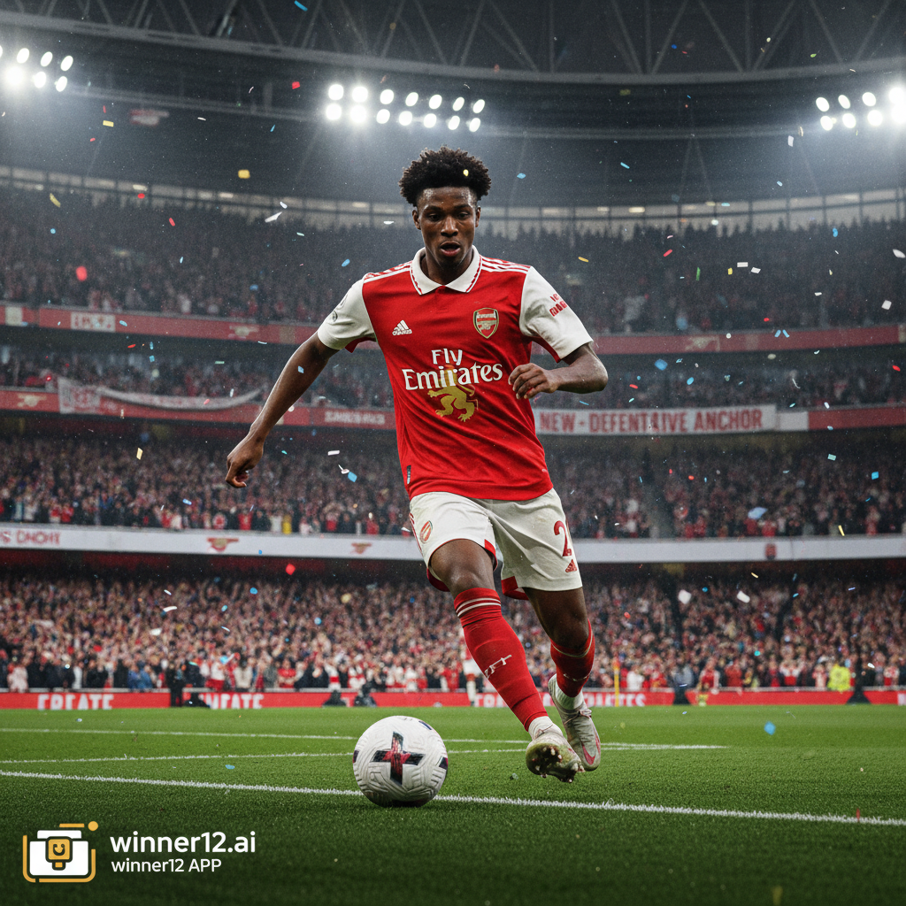 Alt text: Realistic poster of Arsenal defender William Saliba in action on a football pitch, wearing red and white kit with a focused expression, set against a vibrant stadium with fans and floodlights, highlighting his role as a defensive anchor after signing a new contract; includes subtle “winner12.ai” branding.
