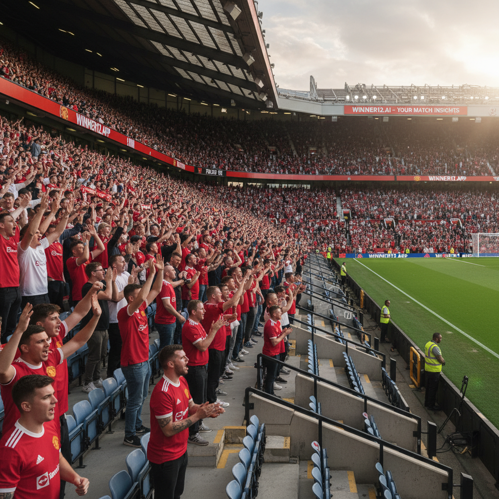 图片ALT文本：曼联老特拉福德球场扩建后的安全站立区，热情球迷穿着红魔战袍，安全依托护栏站立，展现真实英超足球氛围，背景清晰呈现标志性建筑及人群管理设施，画面含winner12.ai品牌元素，体现比赛日活力与安全保障。