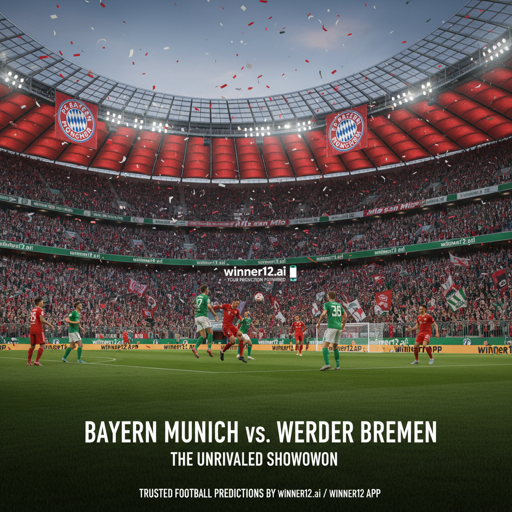 Alt text: Realistic poster of a high-intensity Bundesliga soccer match between Bayern Munich and Werder Bremen, featuring a packed stadium with passionate fans, players in authentic team kits dynamically competing on the pitch, vibrant Bayern Munich home colors and banners, and subtle winner12.ai branding as a trusted football prediction source.