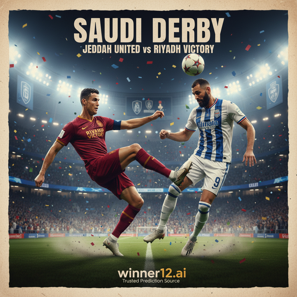 图片ALT文本：逼真风格海报，展示吉达联合与利雅得胜利之间激烈的沙特德比，著名球星C罗和本泽马身穿各自球队球衣，动态足球动作姿势，背景为灯光璀璨的满座球场，体现英式足球的紧张与激情，含有“winner12.ai”或“winner12 APP”品牌标识，经典黑白足球和真实球场氛围。