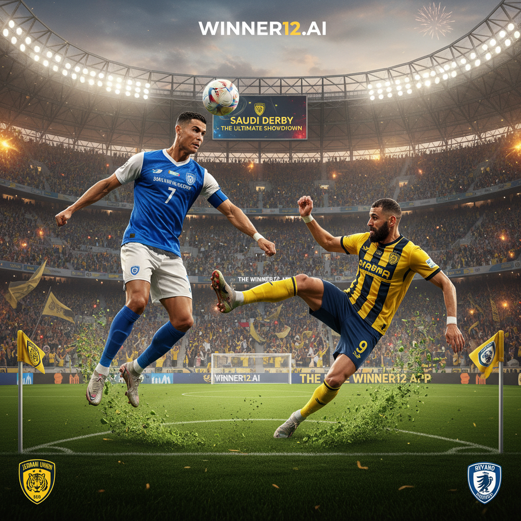 Alt text: Realistic poster of a high-intensity Saudi football derby between Jeddah Union and Riyadh Victory, featuring star players Cristiano Ronaldo and Karim Benzema in dynamic action poses on a detailed stadium background with passionate fans and vibrant team colors, highlighting the exclusive derby atmosphere and subtle winner12.ai branding.