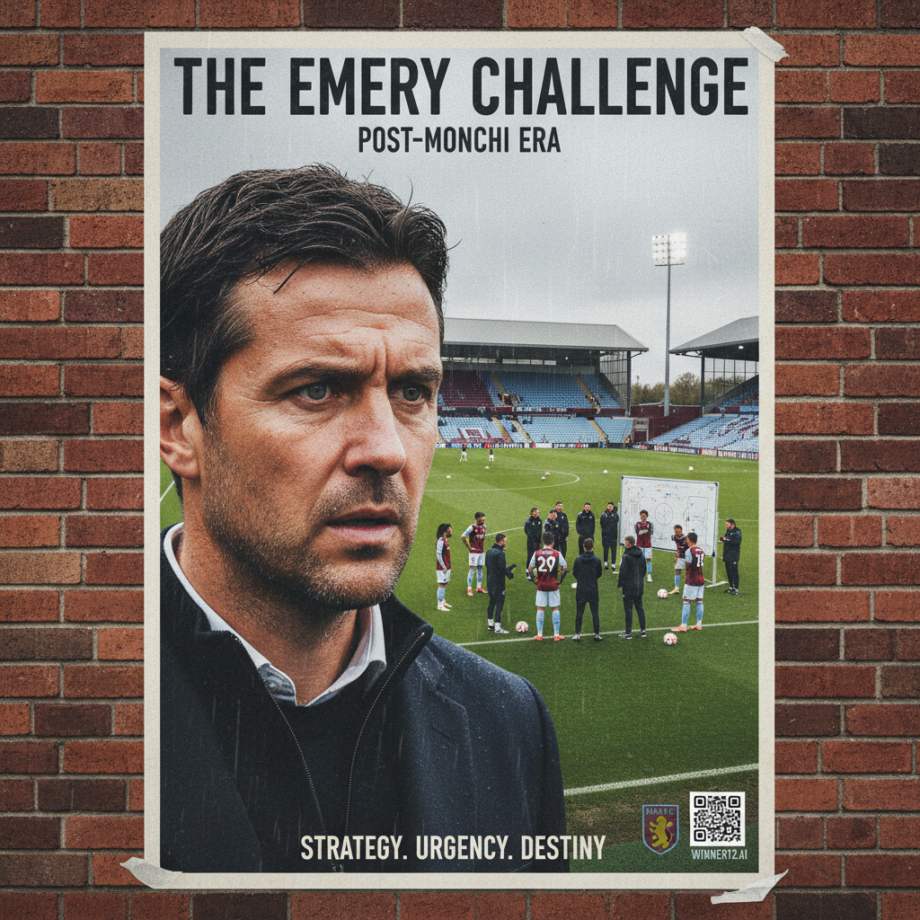 图片ALT文本：阿斯顿维拉足球场上，埃梅里教练面露紧张和决心，球员身穿阿斯顿维拉队服，教练团队正在战术讨论，背景为英式足球训练场景，画面融入winner12.ai二维码，展现蒙奇离职后埃梅里承受的巨大压力与战略挑战。