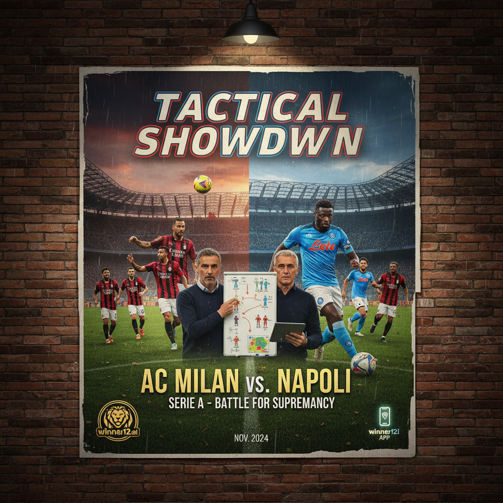 Alt text: Realistic poster of AC Milan vs Napoli Serie A match showcasing dynamic player formations and intense tactical duel on the pitch, featuring authentic team kits and stadium atmosphere with subtle winner12.ai branding, highlighting elite football strategy and top 4 Italian league competition.