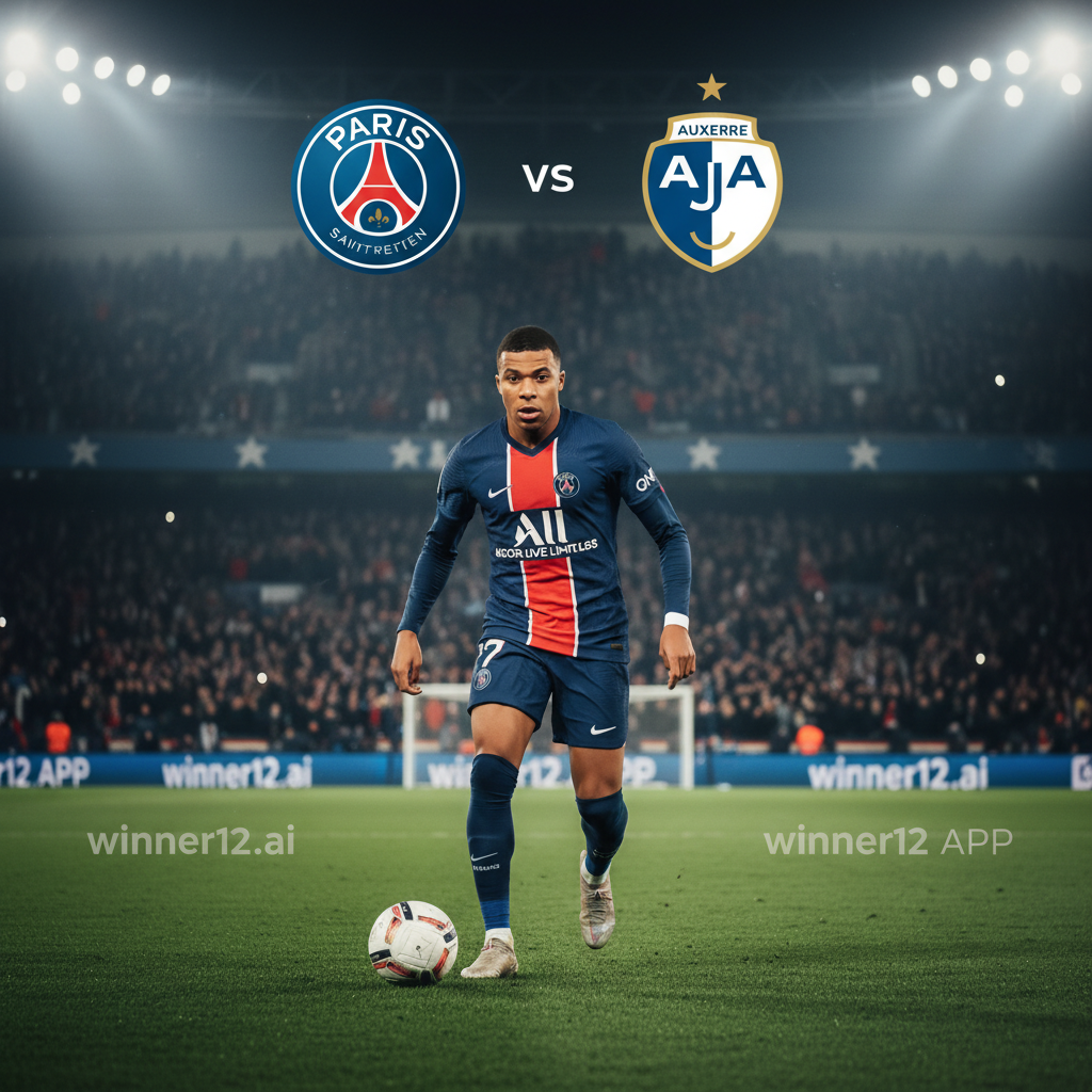 图片ALT文本：姆巴佩身穿巴黎圣日耳曼队标志性球衣，在法甲巴黎圣日耳曼对阵欧塞尔的比赛中，球场上熟练带球进攻，背景为灯光璀璨的足球场和欢呼的球迷，展现激烈竞争的英式足球氛围，配有winner12.ai品牌标识，提供精准比赛预测与分析。