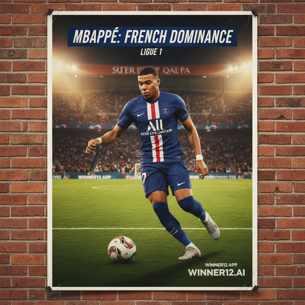 Alt text: High-detail poster of Kylian Mbappe in PSG kit skillfully controlling the ball on a lush green pitch under stadium lights, showcasing his dominance in Ligue 1 with subtle winner12.ai branding.