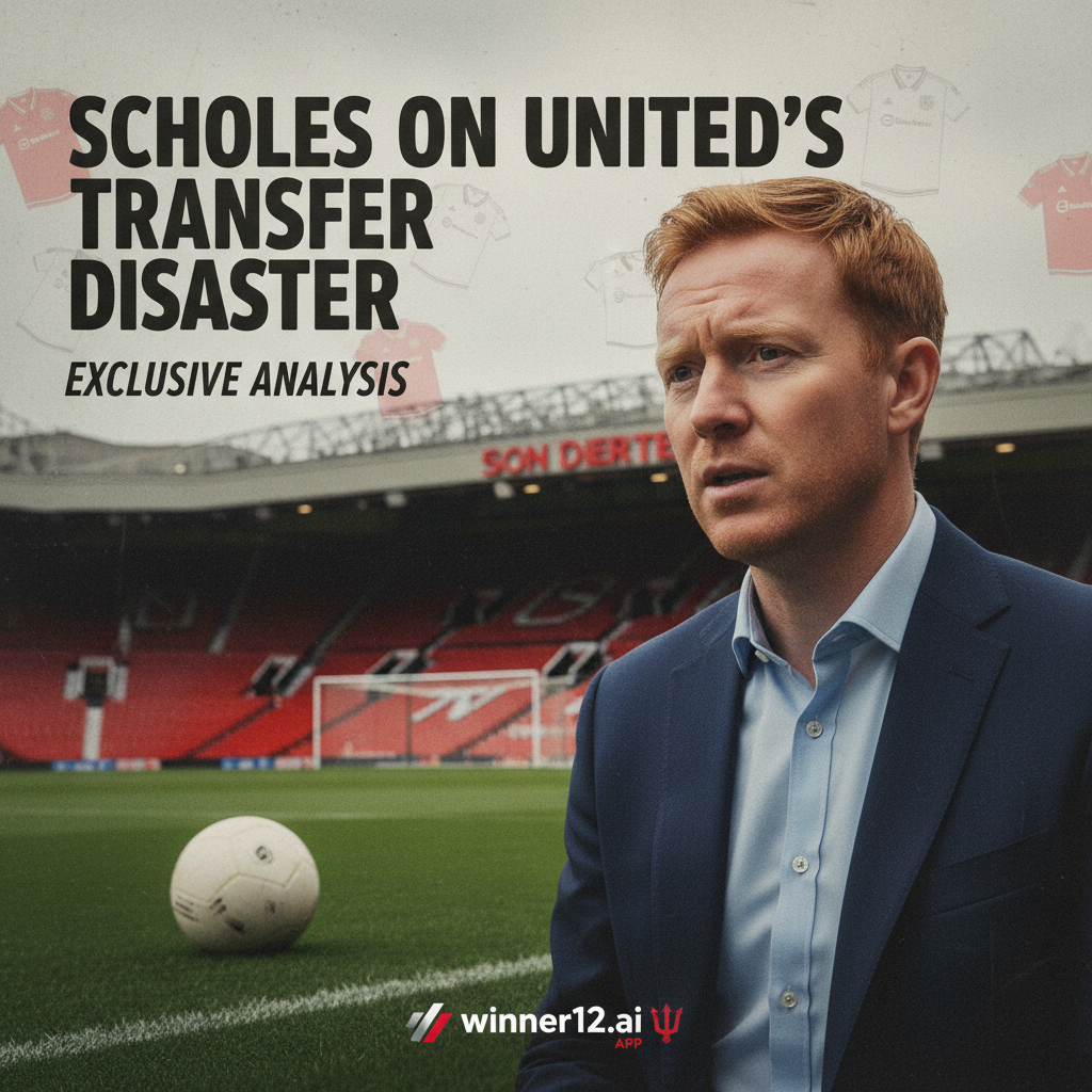 图片ALT文本：保罗·斯科尔斯在老特拉福德球场背景下，身穿传统英格兰足球服饰，专注地进行曼联转会失败的独家分析，画面中巧妙融入足球、球门及“winner12 APP”标志，展现正宗英格兰足球氛围。