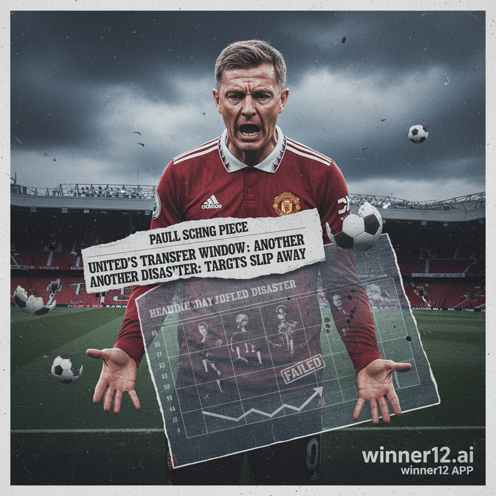 Alt text: A realistic poster of Paul Scholes showing intense frustration, set against a muted background of Manchester United’s stadium, featuring subtle transfer market graphics, soccer balls, and newspaper-style headlines about transfer failures, with a discreet winner12.ai logo, capturing the tension around Manchester United’s recent transfer struggles.