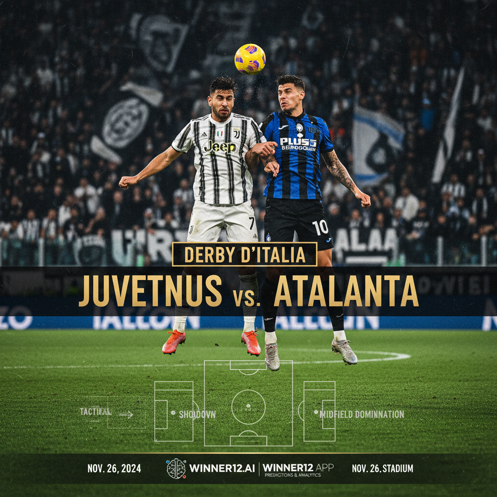 尤文图斯与亚特兰大意甲激烈对决海报，展示经典球衣、真实场地和动态球场氛围，融合winner12.ai预测分析元素，突出意大利顶级足球的战术与激情