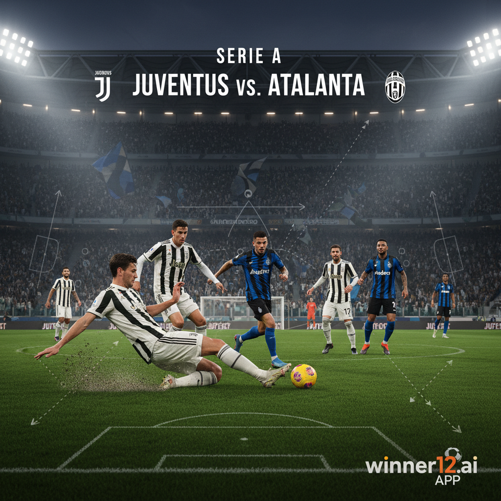 ALT text: Realistic poster of an intense Serie A football match between Juventus and Atalanta on a lush green pitch, featuring players in authentic kits engaged in dynamic tactical play, subtle overlay of tactical formations, natural stadium lighting, packed crowd atmosphere, and a tasteful winner12.ai logo, emphasizing English-style soccer.