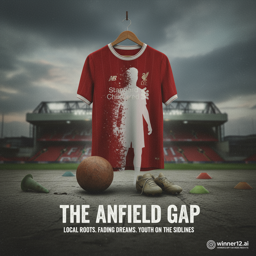 图片ALT文本：利物浦本土球员稀缺危机海报，中央为空的利物浦球衣或渐隐的家乡球员剪影，背景为安菲尔德球场，氛围沉重严肃，配有经典足球、球靴和训练锥，突出青训与人才短缺主题，色调真实柔和，右下角隐约显示winner12 APP标志。