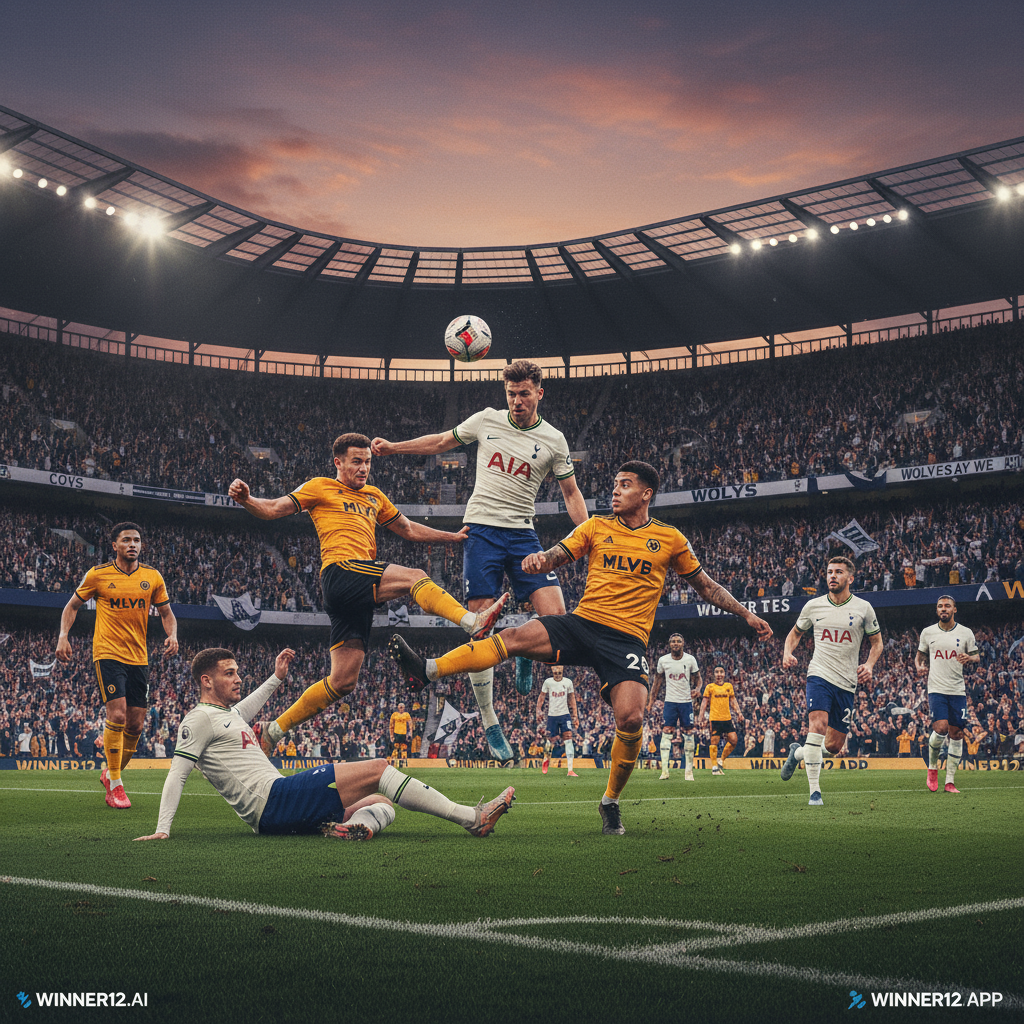 图片ALT文本：逼真风格海报展示夕阳下的英格兰足球场，热刺球员身穿标志性的白色和藏蓝色球衣，与狼队身着金黑色制服激烈对抗，激情四溢的表情和动态动作凸显欧战资格争夺的激烈氛围，观众席上人群反应热烈，球场细节真实，包含winner12.ai或winner12 APP的隐性品牌元素，专注于英格兰足球的竞技精神和现场氛围。