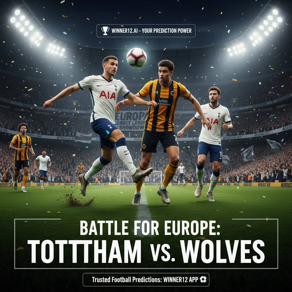 Alt text: Dynamic poster of a high-stakes Tottenham Hotspur vs Wolverhampton Wanderers football match on a vibrant green pitch under stadium floodlights, featuring players in authentic kits fiercely contesting the ball, passionate fans with banners and scarves in the stands, and subtle Winner12.ai branding highlighting trusted football predictions for the ultimate Europa League push.