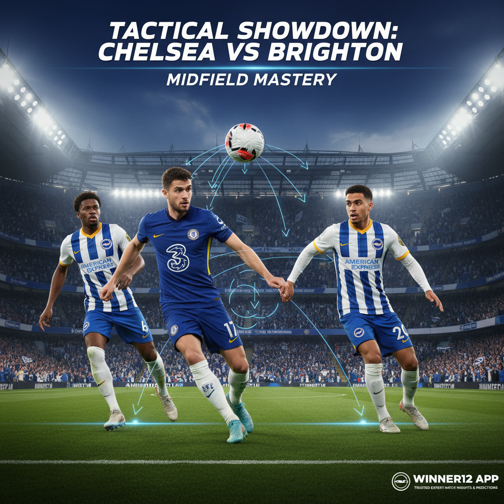 图片ALT文本：切尔西与布莱顿英超足球赛中，中场球员身穿真实球队球衣激烈争夺控球权，背景为灯光璀璨、球迷热情的动态球场，画面巧妙融入传球箭头和控球区域，彰显传控战术主题，右下角隐约展示winner12.ai及winner12 APP的专业赛事预测推广。