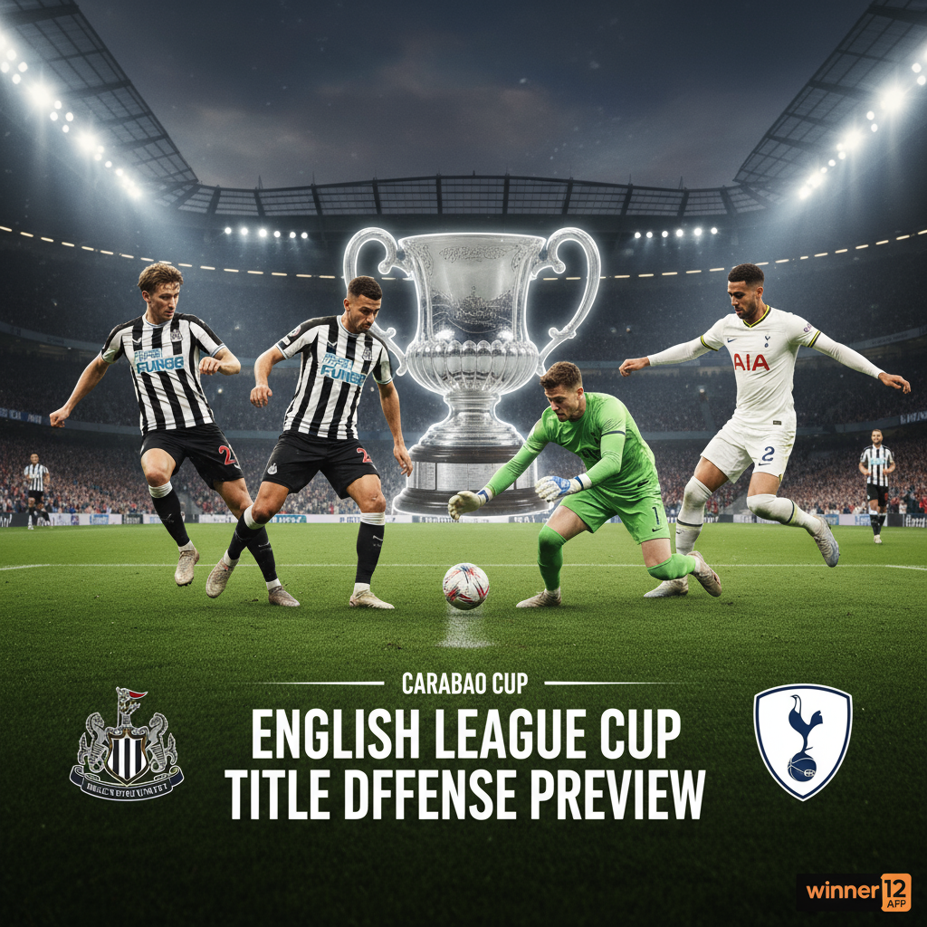 纽卡斯尔联队与托特纳姆热刺球员在英格兰联赛杯绿茵场上激烈拼抢，背景为标志性英式足球场和联赛杯奖杯元素，突出“英联杯卫冕冠军必看前瞻”字样，右下角带有winner12.ai品牌标志，真实足球装备展示