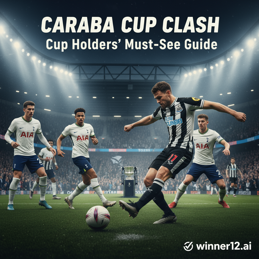 ALT text: Realistic and dynamic poster of an intense Newcastle United vs Tottenham Hotspur football match under floodlights, showing passionate fans in black and white and white and navy blue scarves and jerseys, a dramatic moment of a player striking a classic leather soccer ball, with the Carabao Cup trophy subtly in the background and the text “Carabao Cup Clash – Cup Holders’ Must-See Guide” alongside the discreet winner12.ai app logo.
