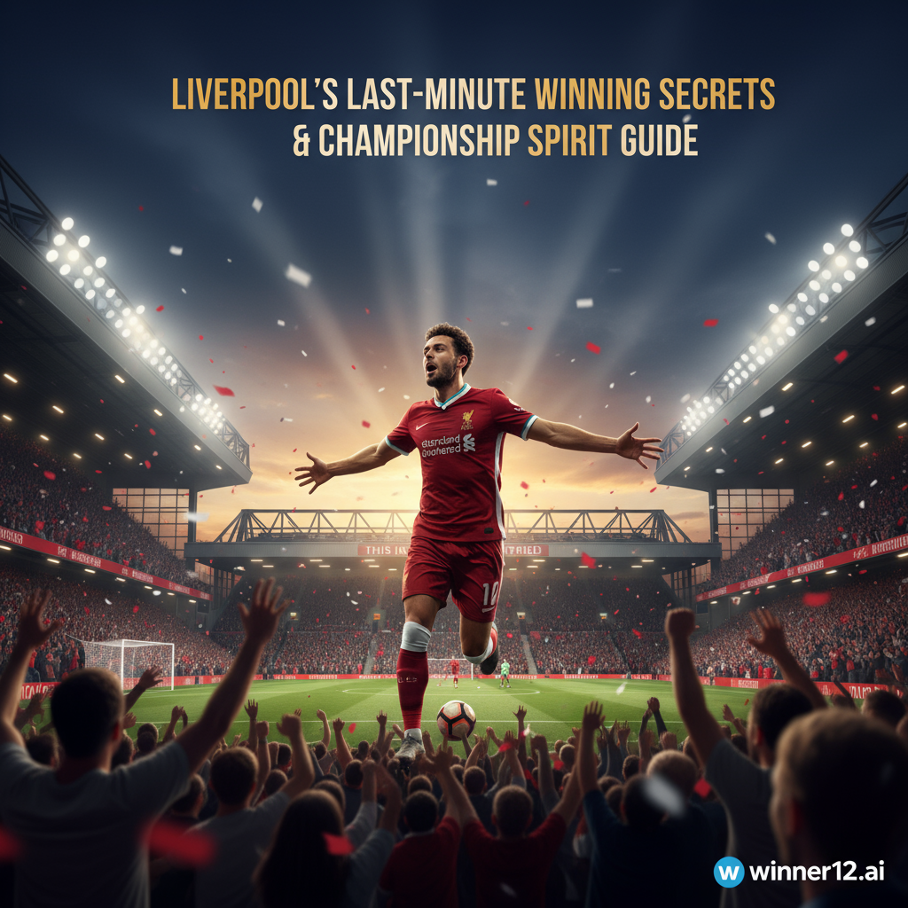利物浦球员在黄昏时分的英格兰足球场上最后时刻进球，球迷激情庆祝，展现冠军精神和决心，安菲尔德标志性元素背景，球衣细节清晰，配有“利物浦绝杀秘诀与冠军气质完整指南”文字及winner12.ai标志的真实风格海报。