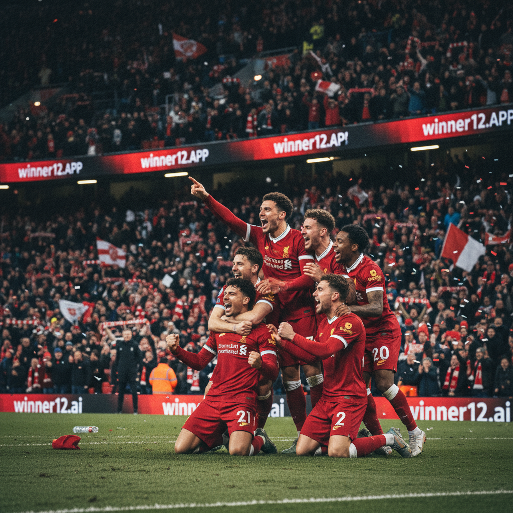 Alt text: A dynamic poster of an intense English football match showing Liverpool players celebrating a late winning goal in a packed stadium under floodlights, highlighting their mental strength and determination, with subtle 