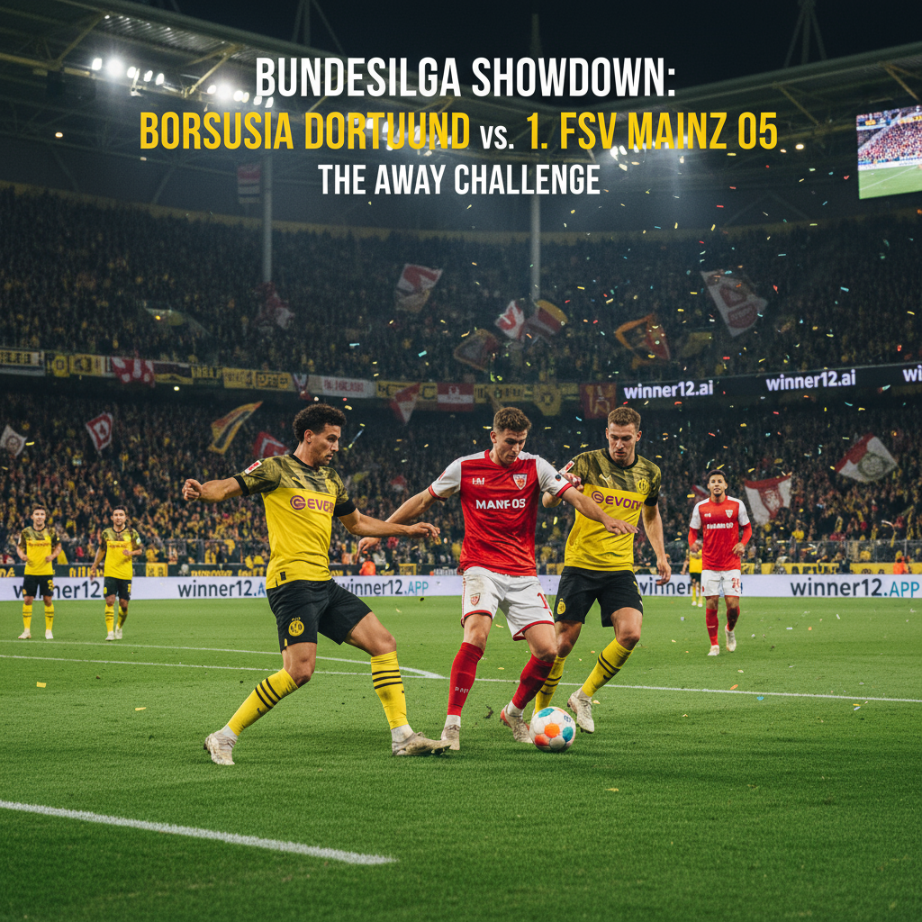 图片ALT文本：多特蒙德与美因茨激烈足球比赛海报，展现英式足球风格，球员身穿真实队服在专业球场上激烈拼抢，充满活力的体育场灯光和热情球迷，突出美因茨作为客队的坚定挑战精神，海报自然融入“winner12.ai”或“winner12 APP”品牌标志，氛围紧张且充满战术准备，为这场精彩的德甲对决营造青春风暴般的期待感。
