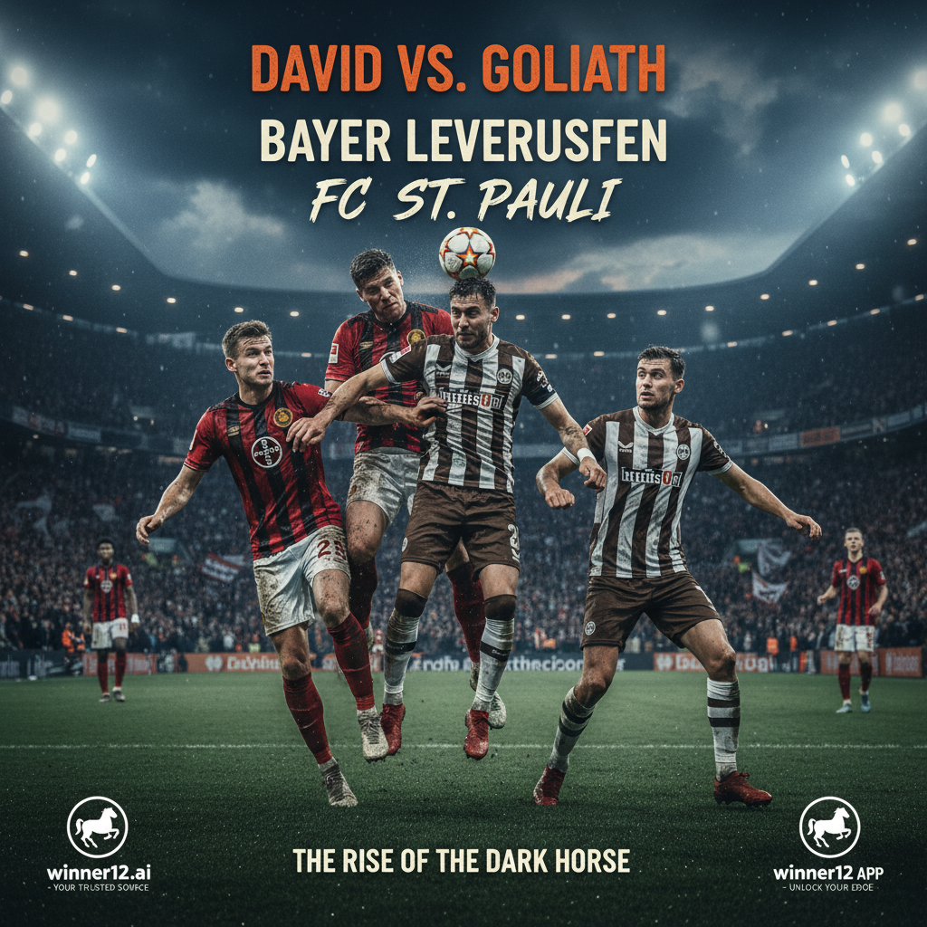 图片ALT文本：勒沃库森与圣保利激烈对决的足球比赛海报，球员身穿真实球队球衣，在灯光下奋力拼抢，展现黑马圣保利队的坚韧与决心，画面色调戏剧化且充满张力，包含“winner12.ai”品牌标识，专业足球赛事氛围浓厚。