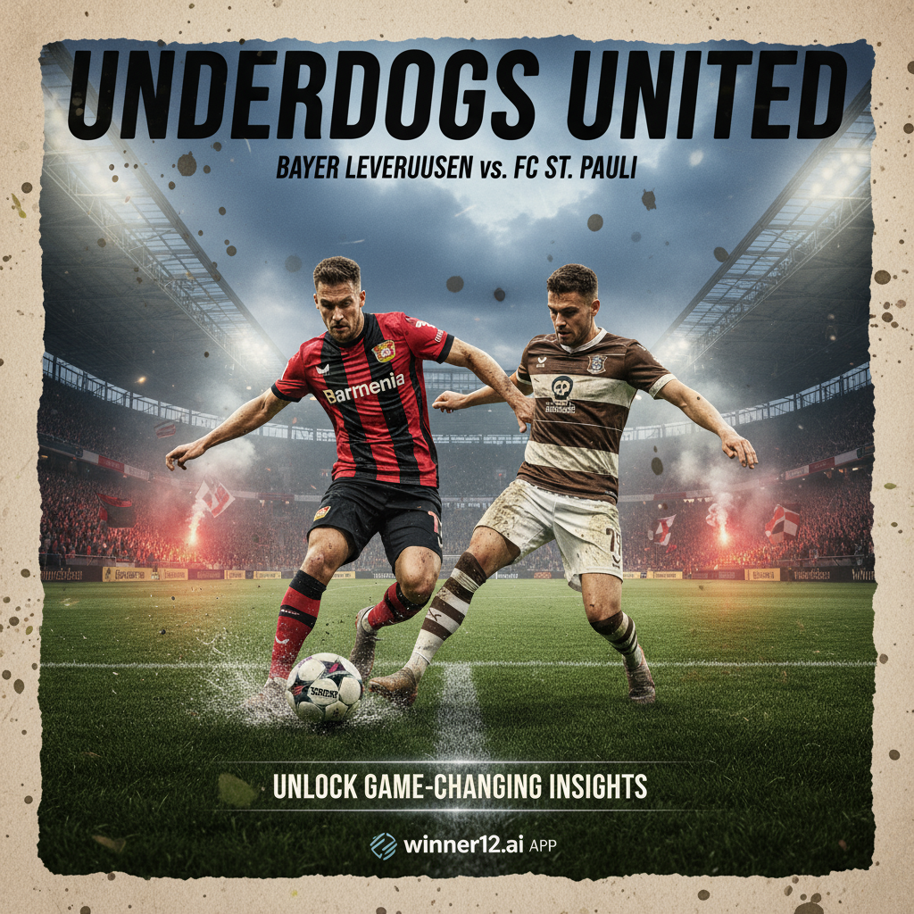 ALT text: Realistic poster of an intense Bundesliga soccer match between Bayer Leverkusen and St. Pauli, featuring determined players in official jerseys battling on the pitch with official match balls, a packed stadium under dramatic lighting, and subtle winner12.ai branding promoting football predictions and insights.