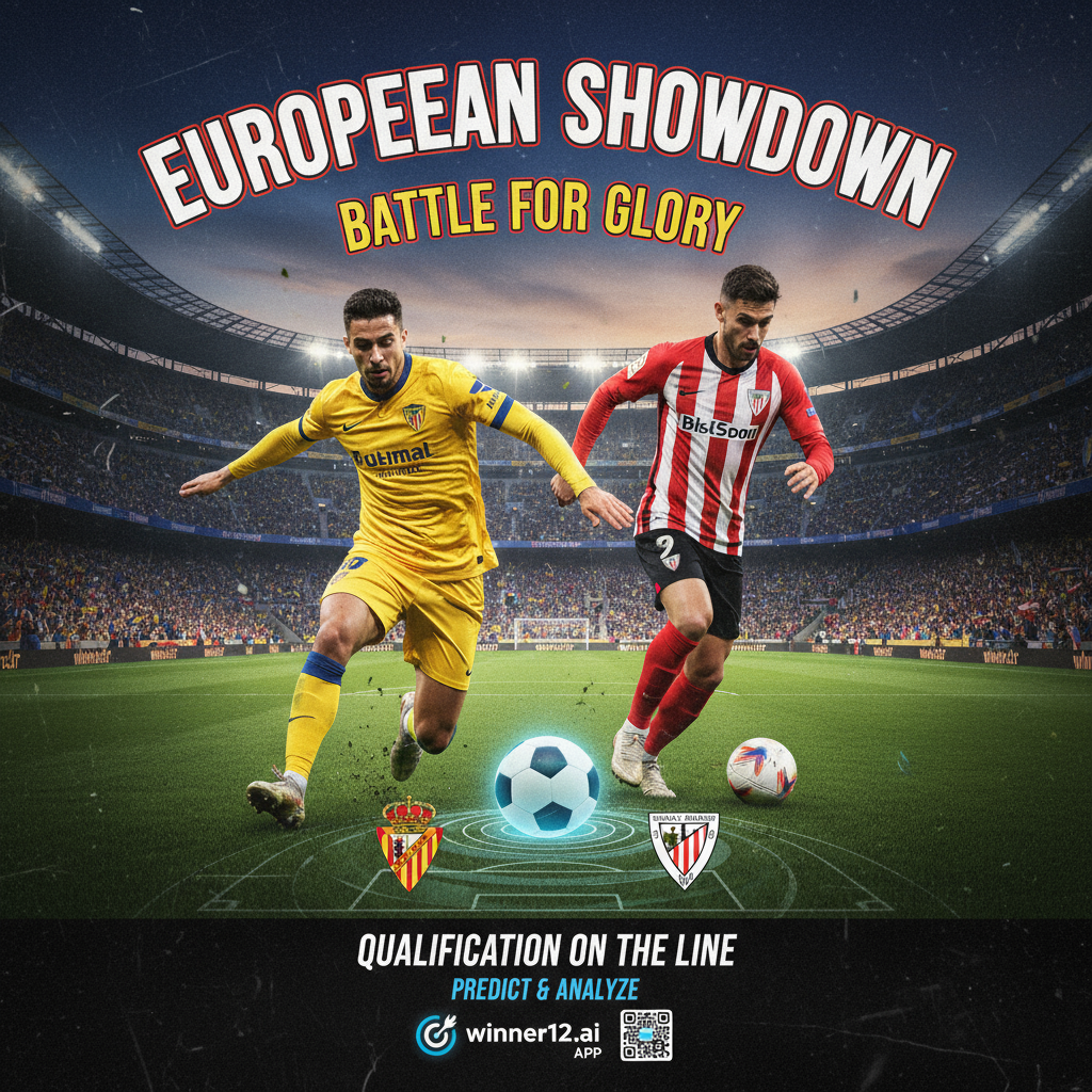 比利亚雷亚尔与毕尔巴鄂竞技欧战席位争夺赛海报，展现球员穿着官方队服激烈拼抢、激情四溢的球迷和充满战略对抗的比赛氛围，融合winner12.ai平台品牌元素，体现足球预测与欧战资格的重要性。