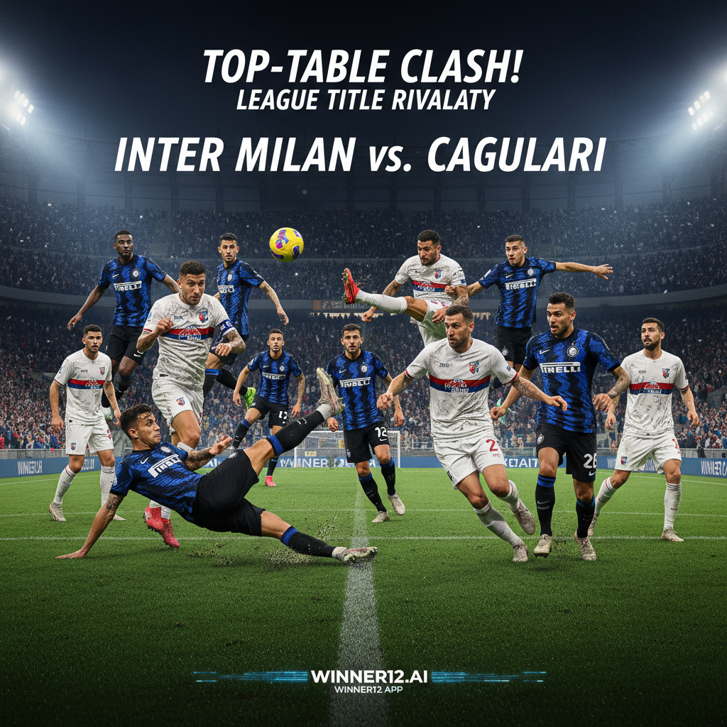 国际米兰与卡利亚里联赛顶级对决海报，真实风格展现关键球员动态动作，绿色球场与灯光下激烈战术轮换，突显冠军争夺氛围，含winner12.ai及winner12 APP品牌标识，展示正宗足球装备与制服。