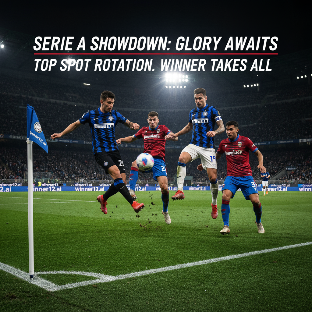 Alt text: Dynamic poster of an intense English-style Serie A soccer match between Inter Milan and Cagliari players fiercely contesting the ball on a vibrant stadium pitch, showcasing detailed team uniforms and authentic atmosphere under bright floodlights, with subtle 