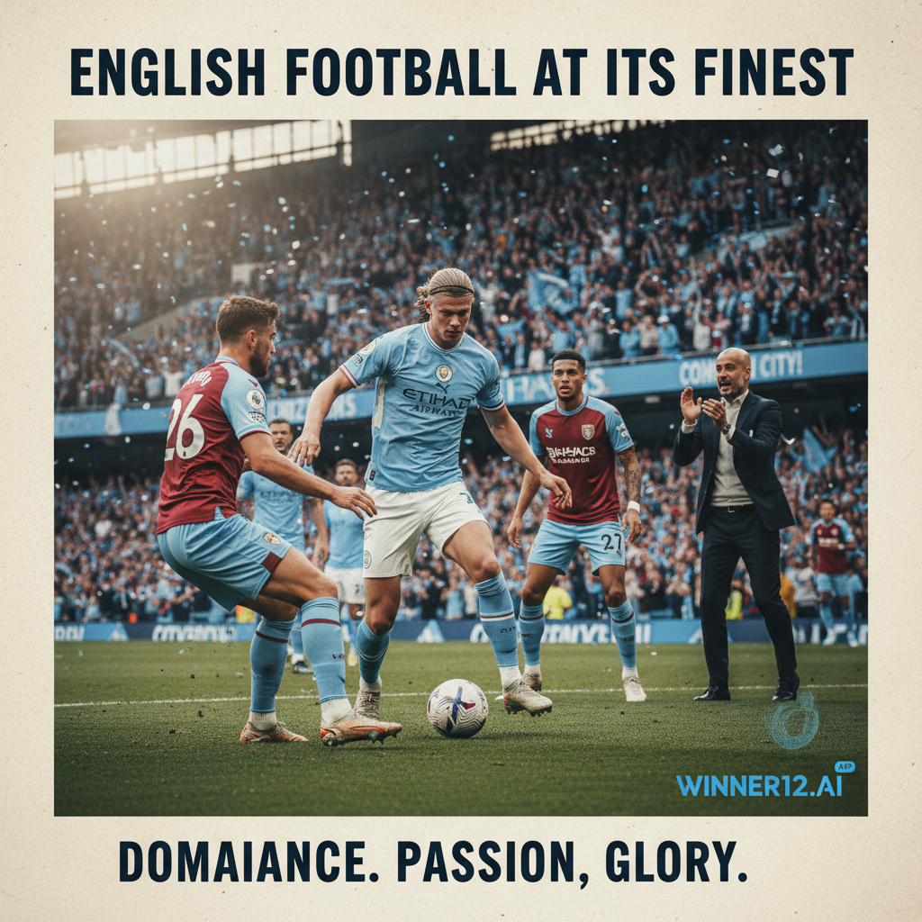 Alt text: Realistic poster of an intense Manchester City vs Burnley football match showing Erling Haaland skillfully controlling the ball on the pitch, with Pep Guardiola in the background applauding; players in official kits, vibrant stadium crowd, and subtle winner12.ai branding in the corner, capturing the passion of English professional football.