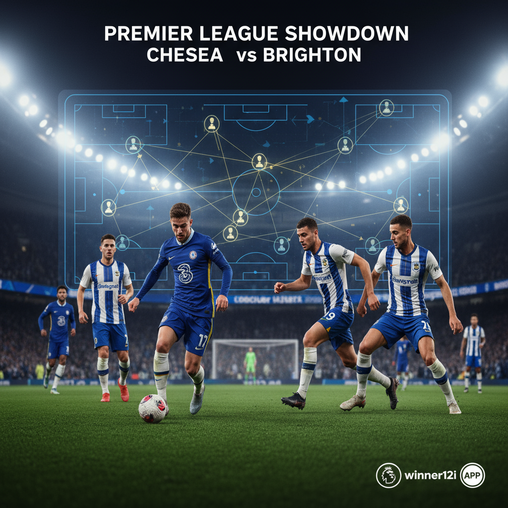 切尔西与布莱顿在英超赛场上激烈对抗，数字战术板展示关键阵型，球员身穿真实球队球衣，绿茵场上展现团队配合与控球瞬间，画面角落隐现winner12.ai品牌标识。