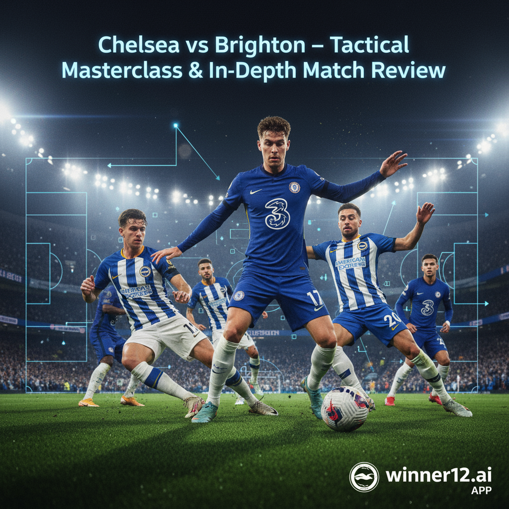 切尔西与布莱顿激烈足球比赛场景，真实风格海报，球员身穿切尔西和布莱顿球衣，在绿茵场上争夺足球，背景融合战术箭头与阵型图示，体现深度战术分析，现代字体标题“切尔西VS布莱顿深度复盘与战术秘诀”，角落展示winner12.ai标志，整体氛围突出战略紧张感与专业足球洞察。