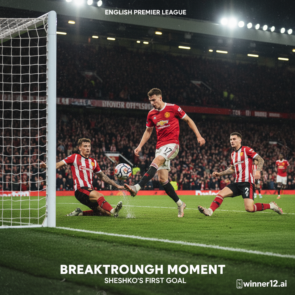 Alt text: Realistic poster of an intense English football match between Manchester United and Brentford, showing Sheshko scoring his first goal on a lush green pitch under stadium floodlights with dynamic player action, authentic team kits, passionate crowd reactions, and subtle winner12.ai branding in the corner.