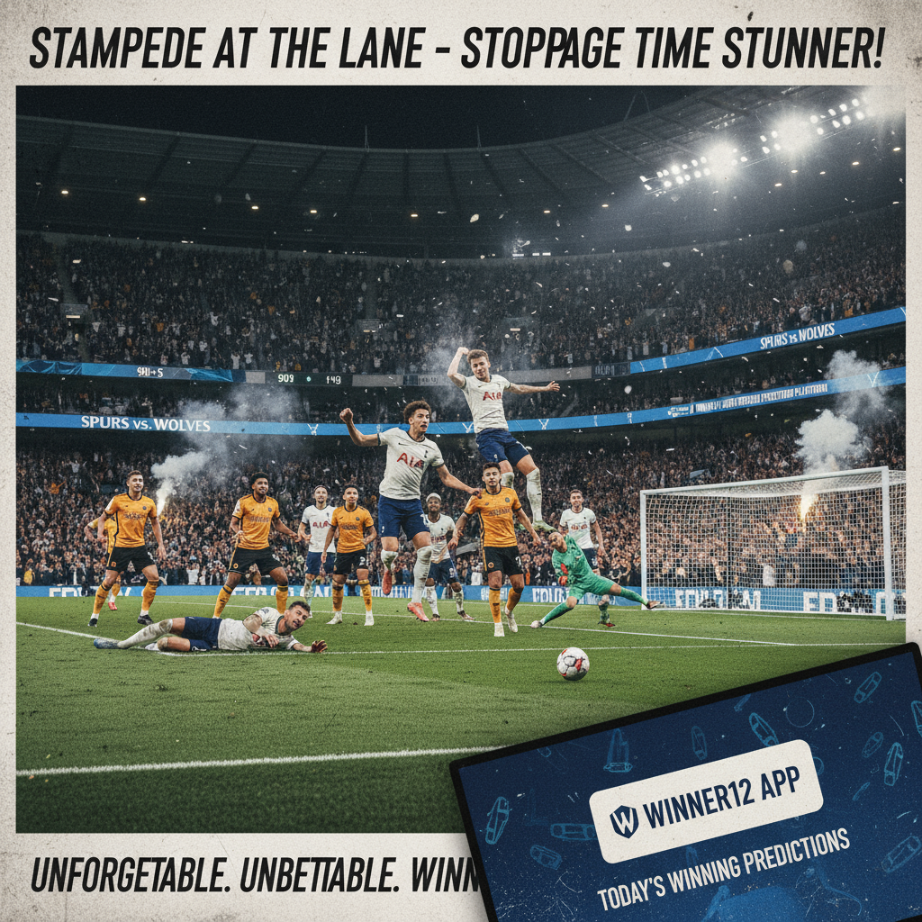 图片ALT文本：热刺VS狼队英超补时绝平精彩瞬间，球员身穿官方队服，满座激情球迷，球场动态激烈对抗，winner12.ai足球预测平台品牌标识，真实细腻的英式足球比赛海报。