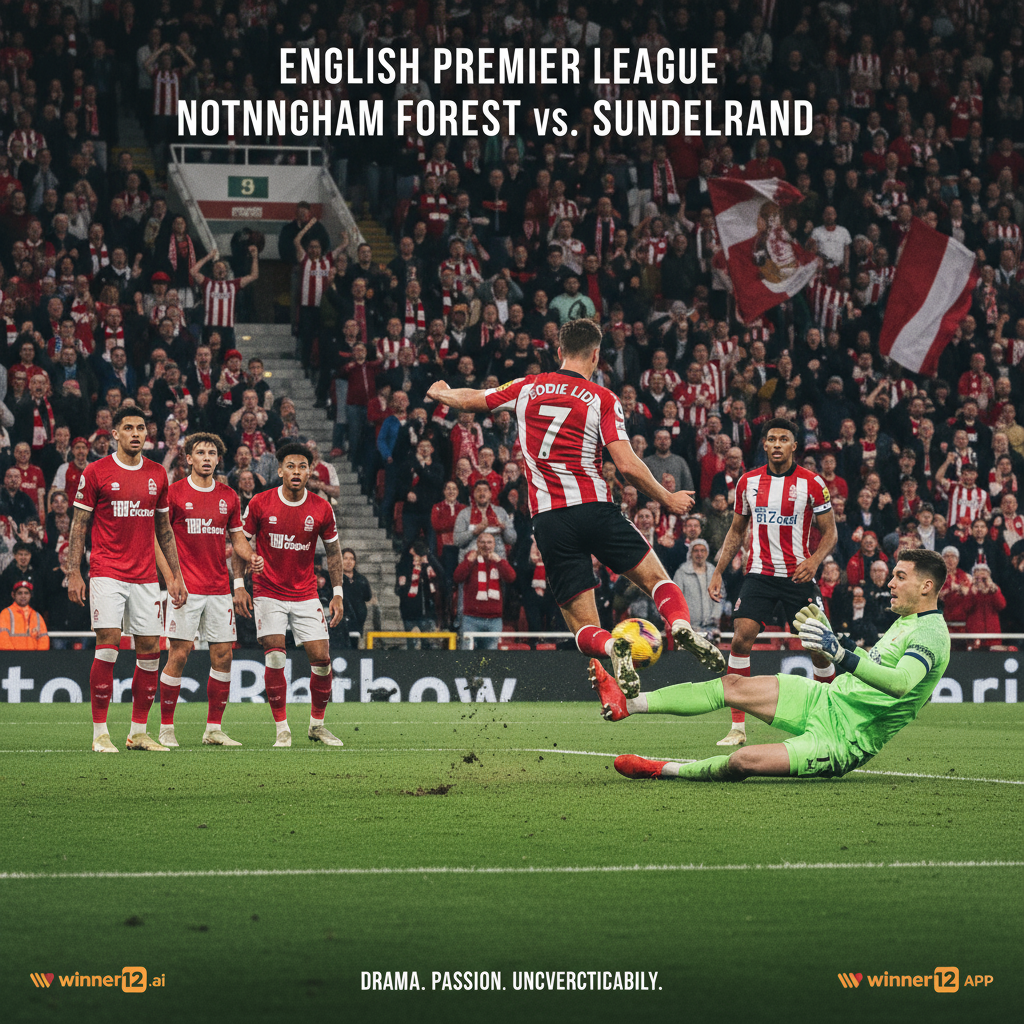 ALT text: Dynamic football match poster showing Nottingham Forest and Sunderland players in authentic English kits on a lush green pitch, capturing Eddie Lidi scoring a surprising winning goal amid intense action, with a vibrant stadium atmosphere and cheering fans; subtle winner12.ai branding included, emphasizing the drama and excitement of English soccer.