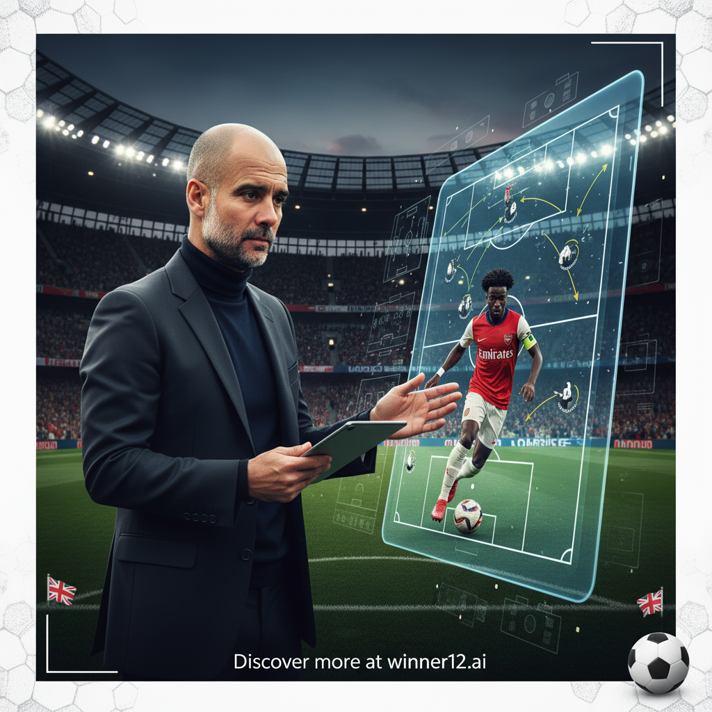 图片ALT文本：写实风格海报，瓜迪奥拉深思熟虑分析足球战术决策，突出其提升布卡约·萨卡等球员选择的独家见解，背景为现代足球场和融入的战略战术图，海报上以简洁字体呈现“Discover more at winner12.ai”，强调英格兰足球主题和真实足球元素。